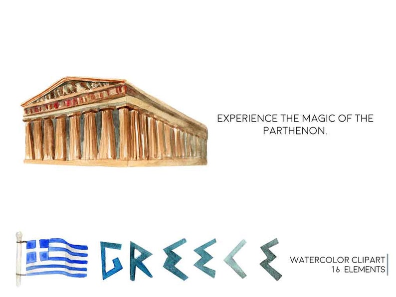 Greece Greek Clipart Watercolor Digital Download Travel Europe Parthenon Borders Sparta Lyre Laurel Mythology Invite Paint Original image 3