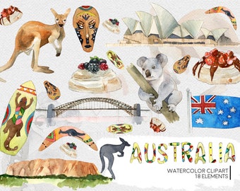 Australia Clipart Watercolor Digital Download Travel Kangaroo Koala Sydney Australian Invite Paint Original