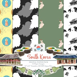 South Korea Digital Paper Pack Clipart Watercolor Printable Scrapbook Travel Seoul Seamless Patterns image 2