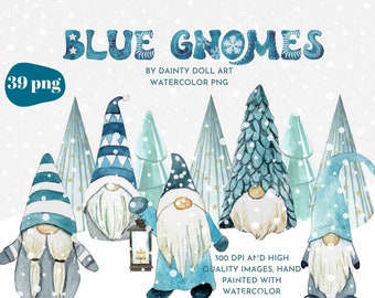 Christmas Gnome Clipart | Holiday Gnome, Nordic Gnome, Blue Gnome, Winter Wonderland Clipart, Watercolor PNG