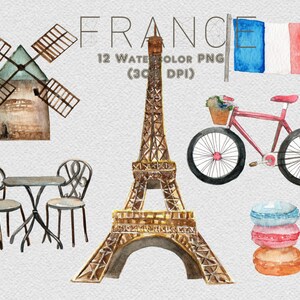 France Paris Aquarelle Clipart Tour Eiffel Arc De Triomphe Caniche Café Français Europe Voyage Numérique Télécharger Invitation Peinture Original image 3