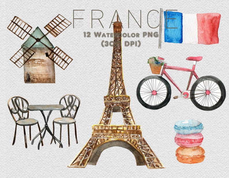 France Paris Aquarelle Clipart Tour Eiffel Arc De Triomphe Caniche Café Français Europe Voyage Numérique Télécharger Invitation Peinture Original image 3