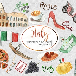 Italy Clipart Watercolor Digital Download Travel Europe Italian Flag Pizza Pasta Rome Colosseum Invite Paint Original