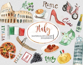 Italy Clipart Watercolor Digital Download Travel Europe Italian Flag Pizza Pasta Rome Colosseum Invite Paint Original