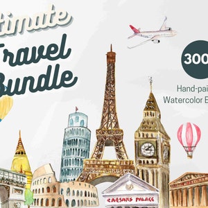 Paquete de imágenes prediseñadas de acuarela de viaje / pegatinas de planificador de viajes y vacaciones, mapa del mundo, descarga digital, PNG