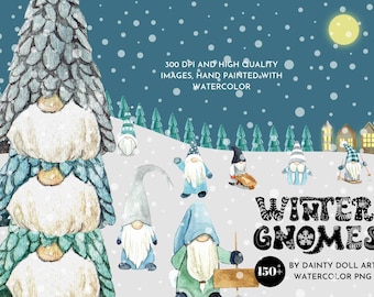 Winter Scene Clipart | Scandinavian Gnome Watercolor Clipart - Christmas Gnomes for Sublimation Design - Winter Gnome