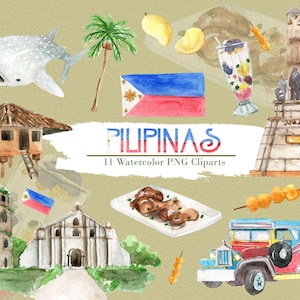 Philippines Clipart Watercolor Digital Download Travel Southeast Asia Manila Flag Church Jeepney Country Invite Paint Original