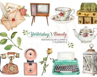 Vintage Clipart Watercolor Digital Download Travel Wedding Planner Floral Typewriter Camera Teapot Invite Paint Original