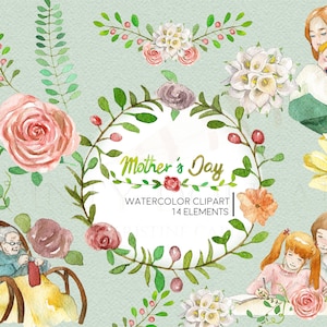 Dia das Mães Clipart Aquarela Download Digital Flores Mãe Pais Família Convidar Pintura Original