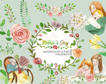 Mother's Day Clipart Watercolor Digital Download Flowers Mom Parents Family Invite Paint Original