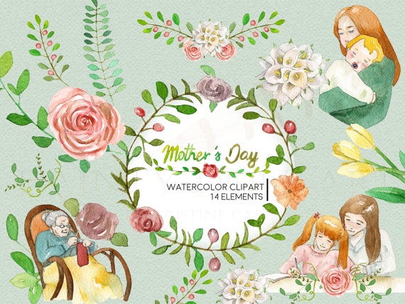 Mother's Day Clipart Watercolor Digital Download Flowers Mom Parents Family Invite Paint Original