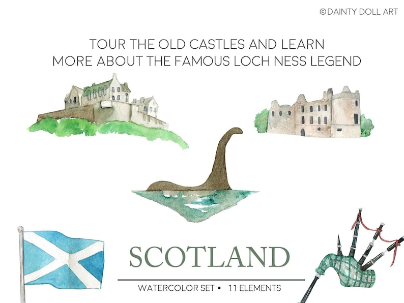 Download Scotland Clipart Watercolor Digital Download Travel Scottish Bagpipe Highlands Cattle Edinburgh Castle Loch Ness Invite Paint Original Clip Art Art Collectibles Seasonalliving Com