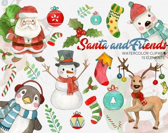 Santa Claus Clipart Watercolor Digital Download Christmas Snowman Reindeer Penguin Polar Bear Wedding Invite Paint Original