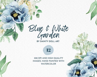 White Anemone Wedding Invitation - Watercolor Floral Bouquets - Blue Floral - Blue Bouquet