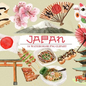 May include: Watercolor illustrations of Japanese culture, including a red and white flag, a red and white fan, a red and white umbrella, a red and white temple, a red and white gate, a red and white mountain, a red and white cat, a red and white flower, and a red and white food.