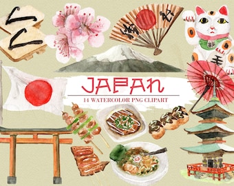 Japan Clipart Watercolor Digital Download Travel East Asia Flag Japanese Tokyo Ramen Country Invite Paint Original