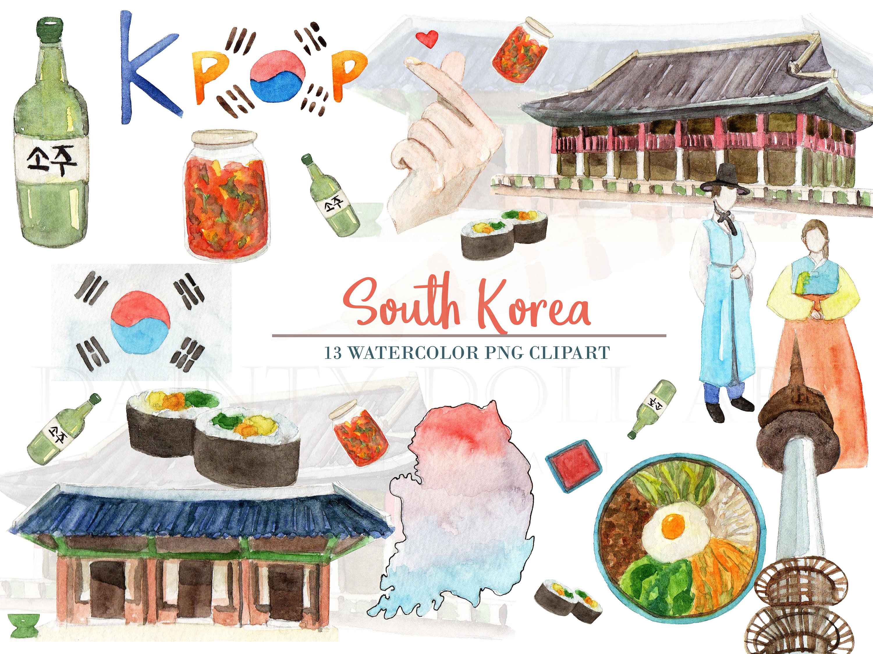 South Korea Clipart Watercolor Digital Download Travel East Asia Flag ...