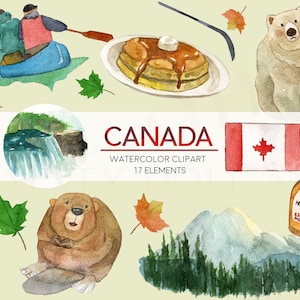 Puede incluir: Conjunto de clipart de acuarela con iconos canadienses, que incluyen un castor, un oso polar, una botella de jarabe de arce, una pila de panqueques, una canoa, una cordillera, una hoja de arce, una bandera canadiense, las cataratas del Niágara y la Torre CN. El texto "CANADA WATERCOLOR CLIPART 17 ELEMENTS" está incluido en la imagen.