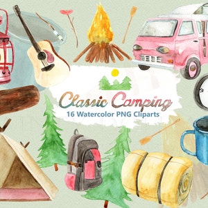 Camping Clipart Watercolor Digital Download Travel Outdoors Nature Tent Adventure Glamping Hiking Summer Wilderness Invite Paint Original