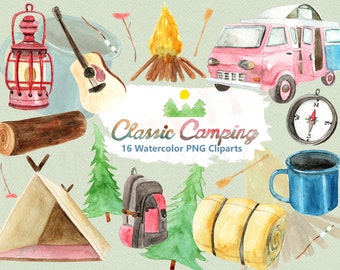 Camping Clipart Watercolor Digital Download Travel Outdoors Nature Tent Adventure Glamping Hiking Summer Wilderness Invite Paint Original