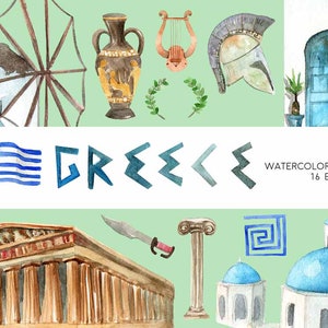 Greece Greek Clipart Watercolor Digital Download Travel Europe Parthenon Borders Sparta Lyre Laurel Mythology Invite Paint Original image 1