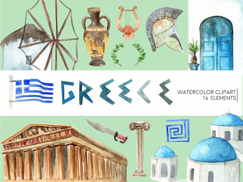 Greece Greek Clipart Watercolor Digital Download Travel Europe Parthenon Borders Sparta Lyre Laurel Mythology Invite Paint Original image 1