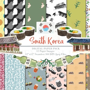 South Korea Digital Paper Pack Clipart Watercolor Printable Scrapbook Travel Seoul Seamless Patterns