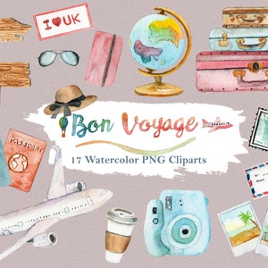 Travel Clipart Watercolor Vacation Summer Holiday Luggage Road World Airplane Camera Wanderlust Digital Download Invitation Paint Bon Voyage