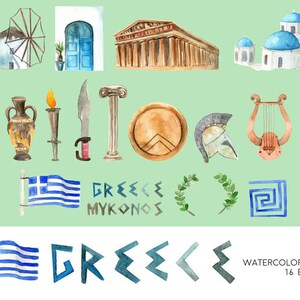 Greece Greek Clipart Watercolor Digital Download Travel Europe Parthenon Borders Sparta Lyre Laurel Mythology Invite Paint Original image 2