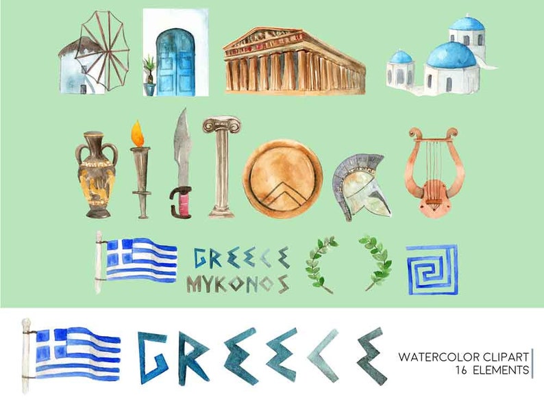 Greece Greek Clipart Watercolor Digital Download Travel Europe Parthenon Borders Sparta Lyre Laurel Mythology Invite Paint Original image 2