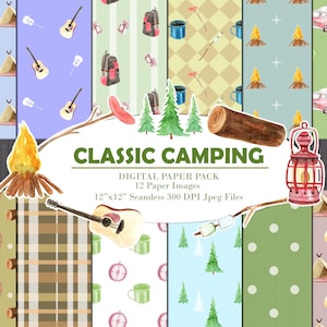Camping Digital Paper Pack Clipart Watercolor Printable Scrapbook Travel Outdoors Nature Adventure Wilderness Seamless Patterns