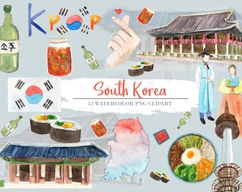 South Korea Clipart Watercolor Digital Download Travel East Asia Flag Korean Seoul Bibimbap Country Invite Paint Original