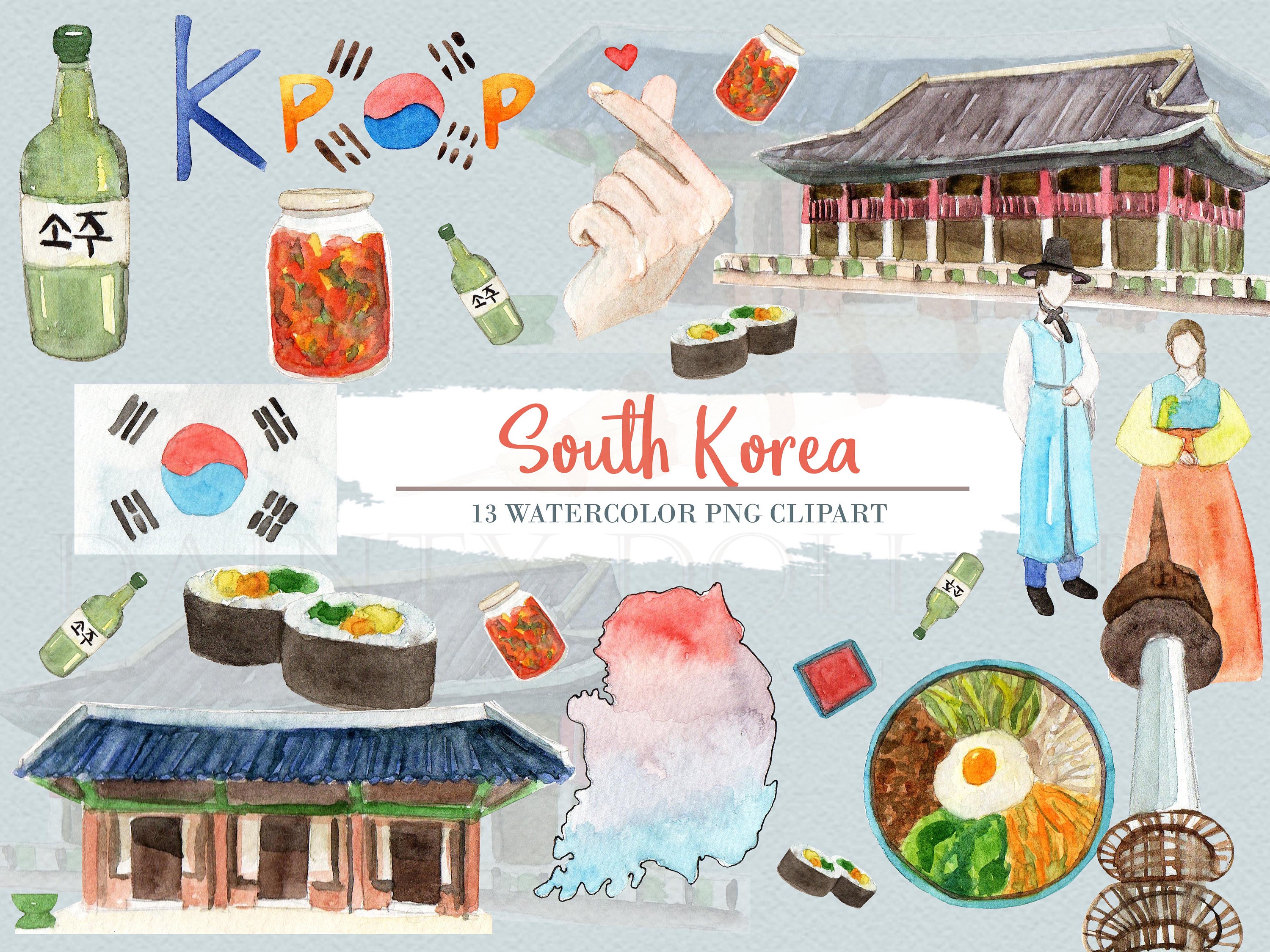 South Korea Clipart Watercolor Digital Download Travel East Asia Flag ...
