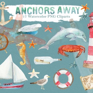 Nautical Travel Vacation Watercolor Clipart Summer Holiday Anchor Ocean Starfish Dolphin Marine Boat Digital Download Invitation Paint