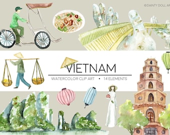 Vietnam Clipart Watercolor Digital Download Travel Hanoi Ha Long Bay Pho Flag Ao Dai Motorbike Golden Bridge Invite Paint Original