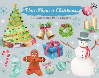 Christmas Clipart Watercolor Holiday Christmas Tree Snowman Snowflake Winter New Year Digital Download Invitation Paint Original