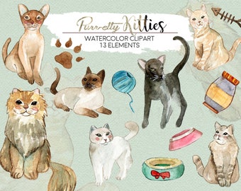 Cats Clipart Watercolor Kitten Kitty Pet Animal Meow Cute Persian Siamese Kawaii Halloween Digital Download Invitation Paint Pla