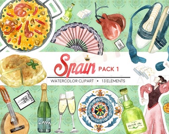 Spain Clipart Watercolor Digital Download Travel Spanish Paella Abanico Flamenco Espana Bandurria Invite Paint Original