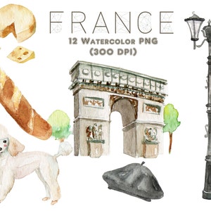 France Paris Aquarelle Clipart Tour Eiffel Arc De Triomphe Caniche Café Français Europe Voyage Numérique Télécharger Invitation Peinture Original image 5