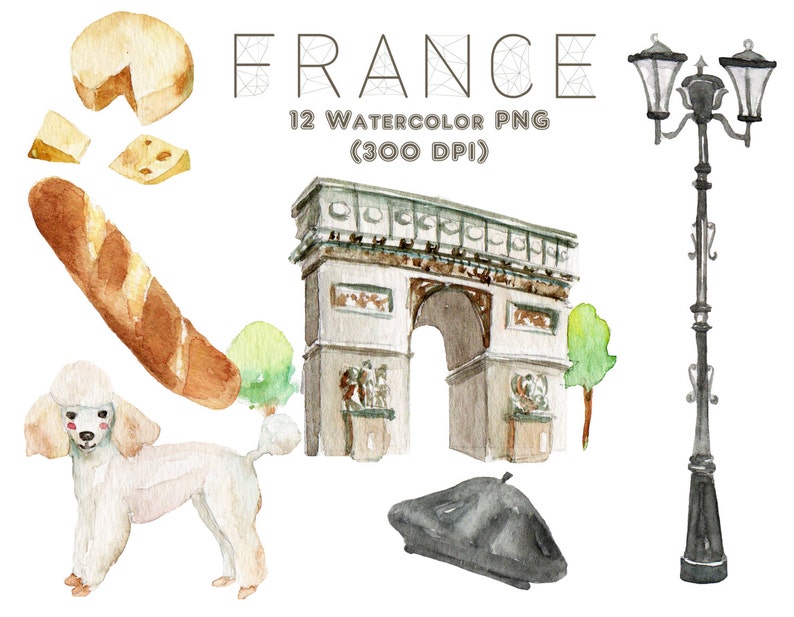 France Paris Aquarelle Clipart Tour Eiffel Arc De Triomphe Caniche Café Français Europe Voyage Numérique Télécharger Invitation Peinture Original image 5