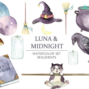 Witch Clipart Watercolor Digital Download Fall Halloween Planner Black Cat Magic Autumn Broomstick Invite Paint Original