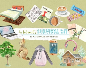 Introvert Clipart Watercolor Digital Download Survival Kit Laptop Journal Notebook Blogger Invite Paint Original