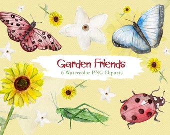 Insectes Clipart Aquarelle Papillon Sauterelle Fleur Florale Tournesol Coccinelle Nature Animal Numérique Télécharger Invitation Paint Planner