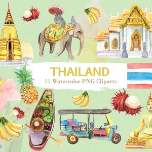 Thailand Clipart Watercolor Digital Download Travel Southeast Asia Bangkok Flag Buddha Tuktuk Country Invite Paint Original