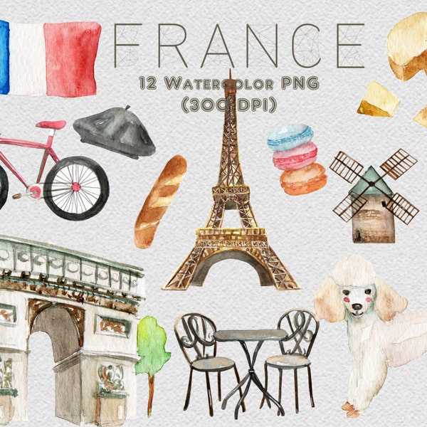 France Paris Watercolor Clipart Eiffel Tower Arc De Triomphe Poodle Cafe French Europe Travel Digital Download Invitation Paint Original