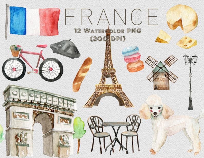 France Paris Aquarelle Clipart Tour Eiffel Arc De Triomphe Caniche Café Français Europe Voyage Numérique Télécharger Invitation Peinture Original image 1