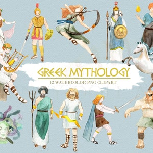 Griechische Mythologie Clipart Aquarell Digital Download Griechenland Vektor Gott Göttin Antike Trident Medusa Zeus Reise Einladung Farbe Original