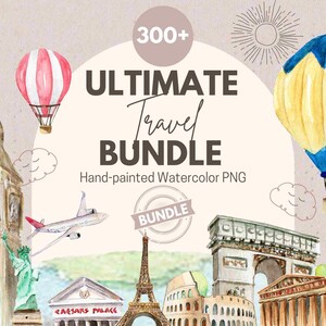 Reise Aquarell Clipart Bundle | Reise und Urlaub Sticker, Weltkarte, digitaler Download, PNG