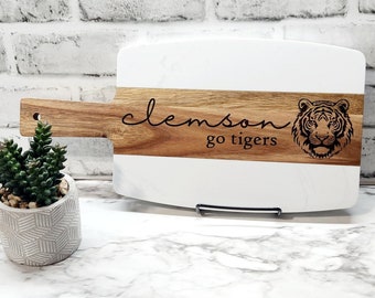 Clemson Tigers Marble and Acacia Wood Charcuterie Board Cutting Board Housewarming Gift Realtor Gift Wedding Gift Hostess Gift Marble Acacia