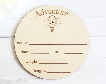 Adventure Awaits Hot Air Balloon Birth Announcement Baby Milestone Photo Marker Photo Prop Wooden Round Discs